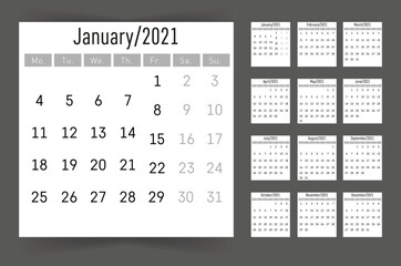 Calendar 2021.English language.Isolated on white background.Regular font. Vector illustration.