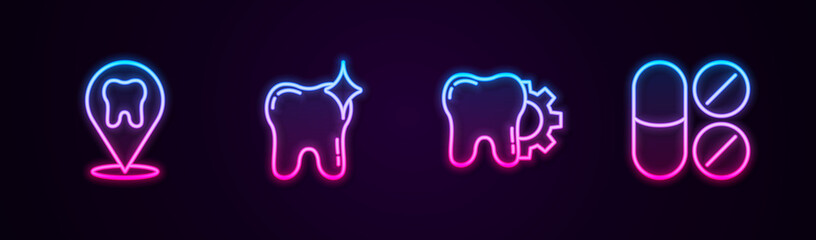 Set line Dental clinic location, Tooth whitening, treatment procedure and Painkiller tablet. Glowing neon icon. Vector.