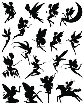 Collection silhouettes of fairies. Vector collection of fairies silhouettes. Fairies silhouette set.