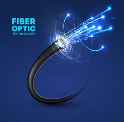 Poster Fiber optic cable technology vector design of internet, network, speed data connection and telecommunication. Multi fiber wire with cores in color jackets and blue neon lines, communication networking © Buch&Bee