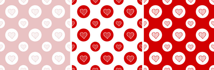 Funny hearts on a white, red and pink background. Set of seamless patterns. Hand drawing doodle. Sketch. Vector. Valentine's Day.