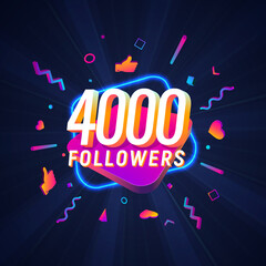 4000 followers celebration in social media vector web banner on dark background. Four thousand follows 3d Isolated design elements - obrazy, fototapety, plakaty