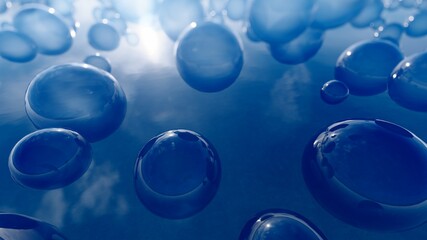 Abstract background of blue bubbles in space 3d render