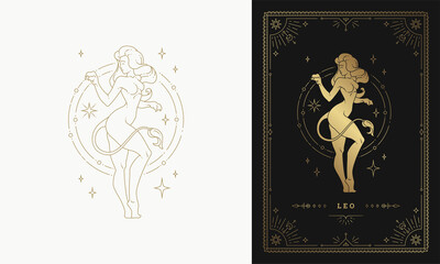 Zodiac leo girl character horoscope sign line art silhouette design vector illustration