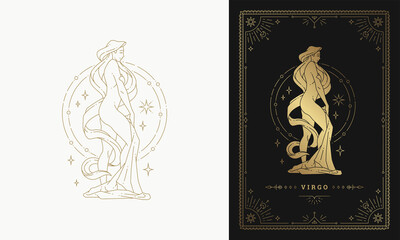 Zodiac virgo girl character horoscope sign line art silhouette design vector illustration - obrazy, fototapety, plakaty