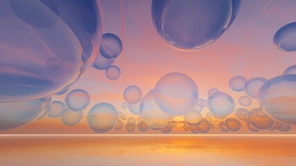Fantasy sunset background of blue bubbles in air over water 3d render