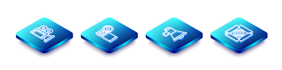 Set Isometric line Cinema camera, , Megaphone and Movie spotlight icon. Vector.