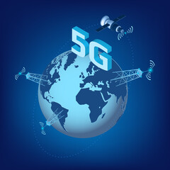 Fototapeta premium 5G LTE technology of high speed data transmission with isometric satellite flying around the planet Earth and transmission towers. Design element for website or banner. Vector illustration.