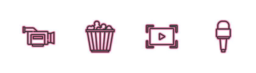 Set line Cinema camera, Online play video, Popcorn box and Microphone icon. Vector.