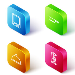 Set Isometric line Electronic scales, Frying pan, Covered with tray and Blender icon. Vector.