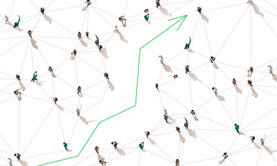 Aerial view of crowd people connected by lines, social media and communication concept. Top view of men and women isolated on white background with green arrow. Staying online, internet, technologies.