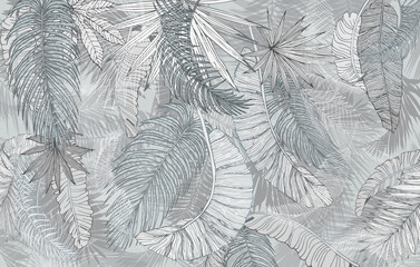 Mural, wallpaper. Palm leaves, graphics. Blue tone.