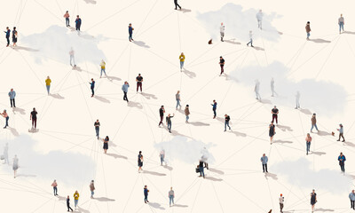Aerial view of crowd people connected by lines, social media and communication concept. Top view of...