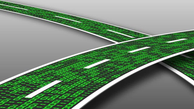 Digital data streaming on a highway - movement of series of random varying binary code digits in green on gray background