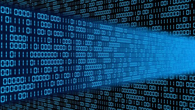 Digital data streams flow into each other - movement of series of random varying binary code digits in blue color