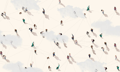 Aerial view of crowd people connected by lines, social media and communication concept. Top view of...