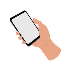 Human hand holding a smartphone. A person using a mobile phone gadget. Blank screen place for text copy space. Stock vector flat illustration isolated on white background
