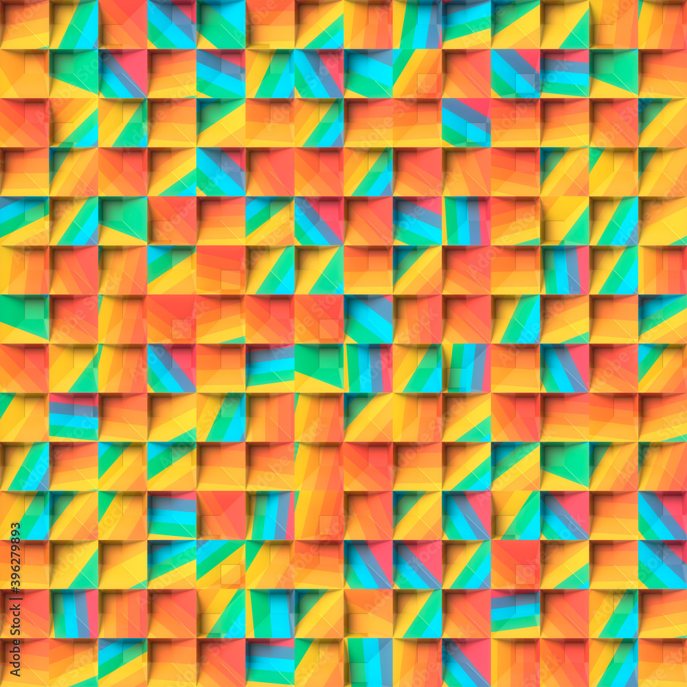 Poster Geometric stylized pattern of randomly arranged cubic forms. Isometric projection. Architectural 3d render illustration