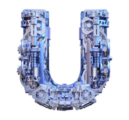 Letter U 3D sci-fi logo. Cyber technological abstract texture alphabet font. Robotic techno style ABC typeface initial 3d symbol isolated. Hi tech metallic letter U typography text design illustration