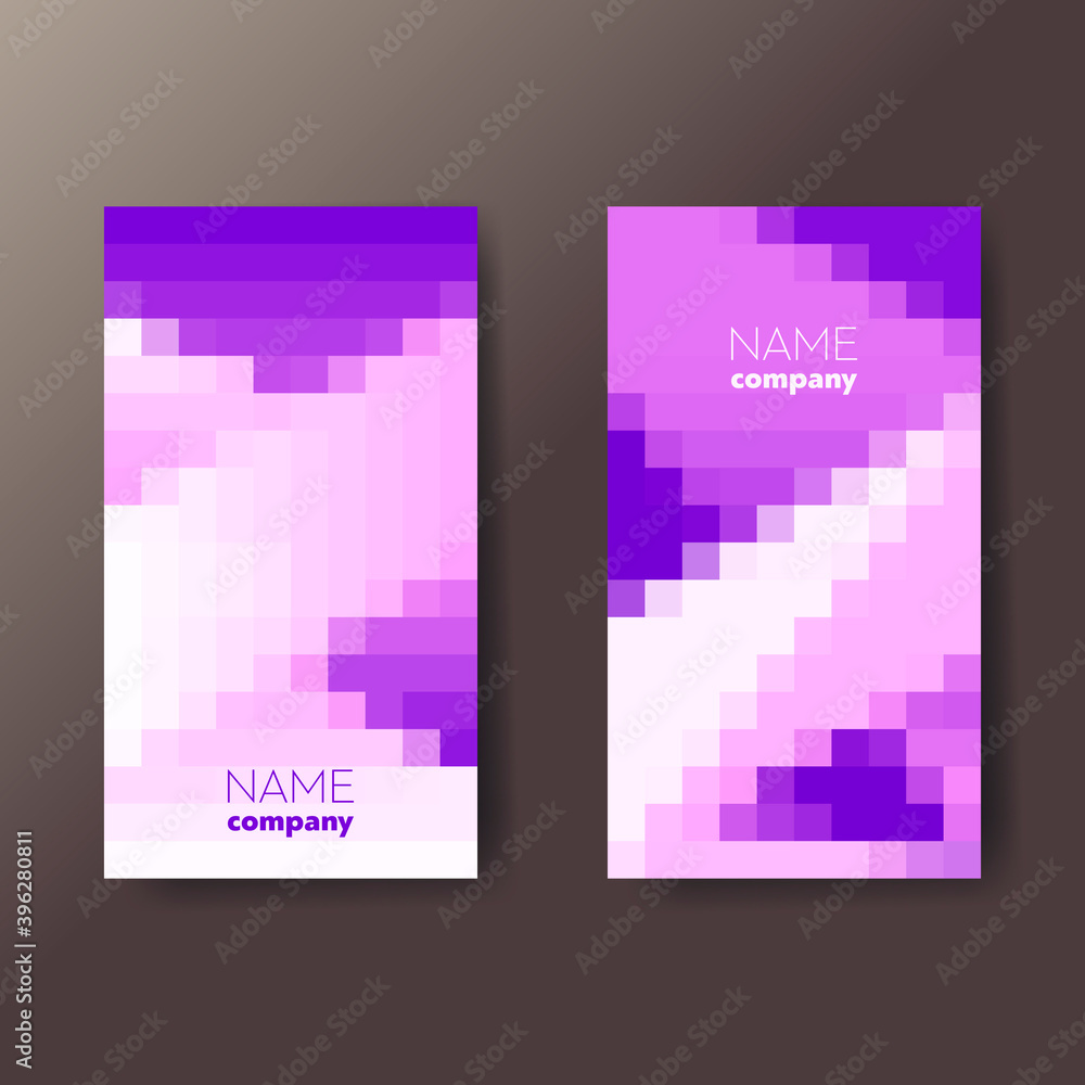 Poster set of two bright violet abstract vertical business cards with pixel graphic elements and text. vect