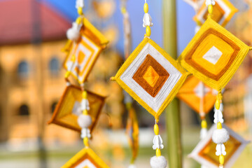 Hanging handmade hexagonal colorful knitting yarn flags. Colorful drape, Blown in the traditional...