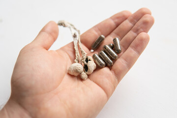 Psilocybin mushroom in hand. Psychedelic microdosing. Magic shroom. micro dosing