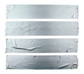 Stripes of silver grey adhesive tape on white background. Torn pieces of grey sticky tape. Duck tape.