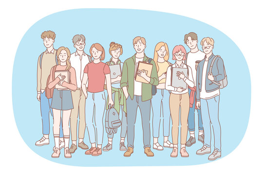 Students, classmates, group of teenagers concept. Group of happy smiling young people friends teens standing with books and backpacks together outdoors. Education, college, pupils illustration 