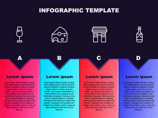 Set line Wine glass, Cheese, Triumphal Arch and Bottles of wine. Business infographic template. Vector.