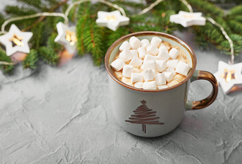 Christmas coffee cup with marshmallows. Merry christmas and new year flat lay. Winter celebrations, vacations and weekends. Christmas food and treats