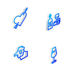 Set Isometric line Wine bottle with cheese, Amour heart and arrow, Poodle dog and glass icon. Vector.