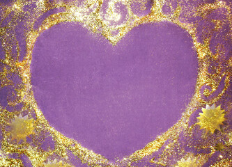 On a purple background frame gold heart. Gold stars and patterns
