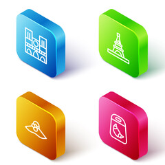 Set Isometric line Notre Dame, Eiffel tower, Elegant women hat and Croissant package icon. Vector.