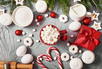 Christmas coffee cup with marshmallows. Sweets and cookies Xmas background. Merry christmas and new year flat lay. Winter celebrations, vacations and weekends. Christmas food and treats