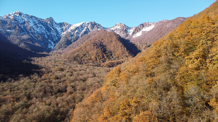 Aerial panorama with colourful autumn forest and beautiful mountains with snow peaks. Sochi, Krasnaya Polyana, Russia.