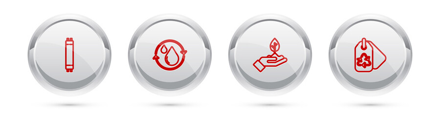 Set line Fluorescent lamp, Recycle clean aqua, Plant in hand and Tag with recycle. Silver circle button. Vector.