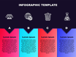 Set line Solar energy panel, Planet earth and recycling, Trash can and Garbage bag with recycle. Business infographic template. Vector.