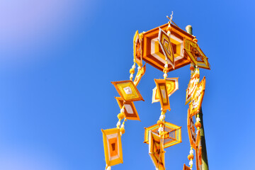 Hanging handmade hexagonal colorful knitting yarn flags. Colorful drape, Blown in the traditional...