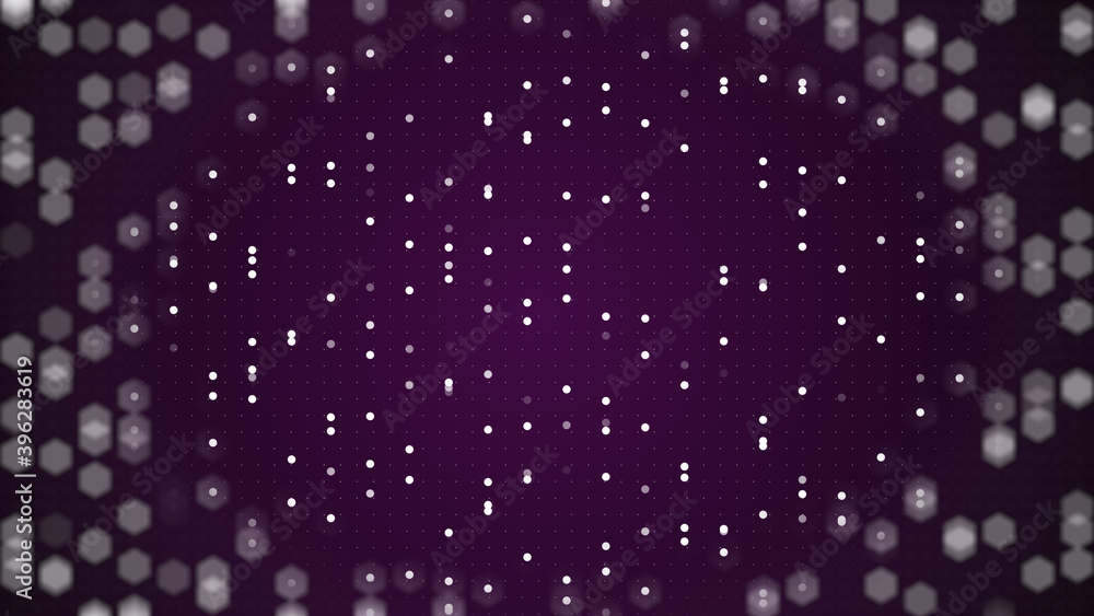 Poster purple background of abstract white bokeh defocus blur 3d rendering.