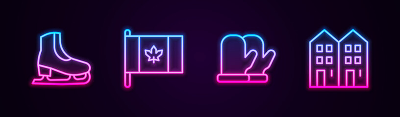 Set line Skates, Flag of Canada, Christmas mitten and House. Glowing neon icon. Vector.