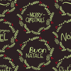 Christmas wreath with international Christmas greeting - MERRY CHRISTMAS, Buon Natale, JOYEUX NOEL, Frohe Weihnacht - seamless pattern for wrapping paper or home decoration - Blue, Green, Red