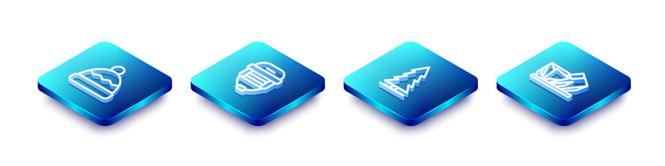 Set Isometric line Beanie hat, Hockey helmet, Canadian spruce and Royal Ontario museum icon. Vector.