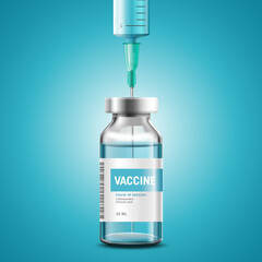 Creative design for Coronavirus vaccine vector background. Covid-19 corona virus vaccination with vaccine bottle and syringe injection tool for covid19 immunization treatment. Vector illustration.