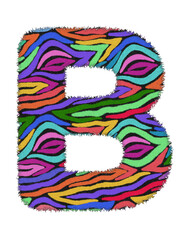 3D Zebra RAINBOW print letter B, animal skin fur creative decorative character B, with colorful isolated in white background. has clipping path and dicut. Design font wildlife or safari concept.