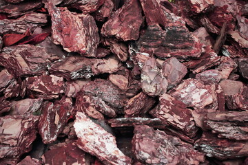 Pine brown bark in chunks close up