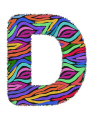 3D Zebra RAINBOW print letter D, animal skin fur creative decorative character D, with colorful isolated in white background. has clipping path and dicut. Design font wildlife or safari concept.