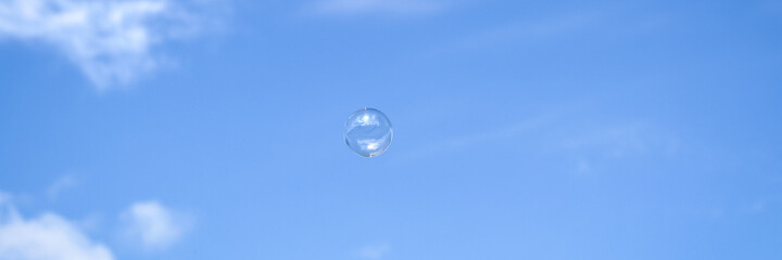 Colorful soap bubbles on summer natural background. Web banner for design.