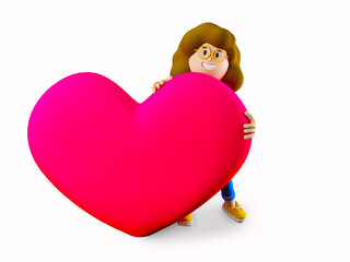 Girl Susie stands near a big heart and  holds heart. Valentine's Day. 3d illustration. 3d rendering
