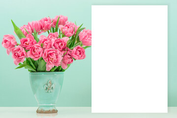Spring template mockup Pink tulip flowers turquoise background