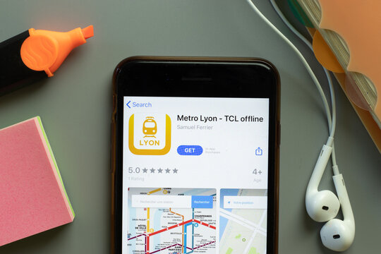 New York, USA - 1 December 2020: Metro Lyon mobile app icon on phone screen top view, Illustrative Editorial